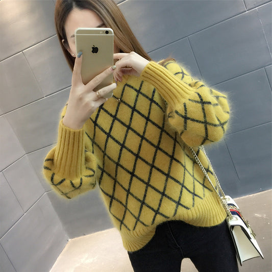 Korean Style Trendy Diamond Grid Pullover Knitted Sweater