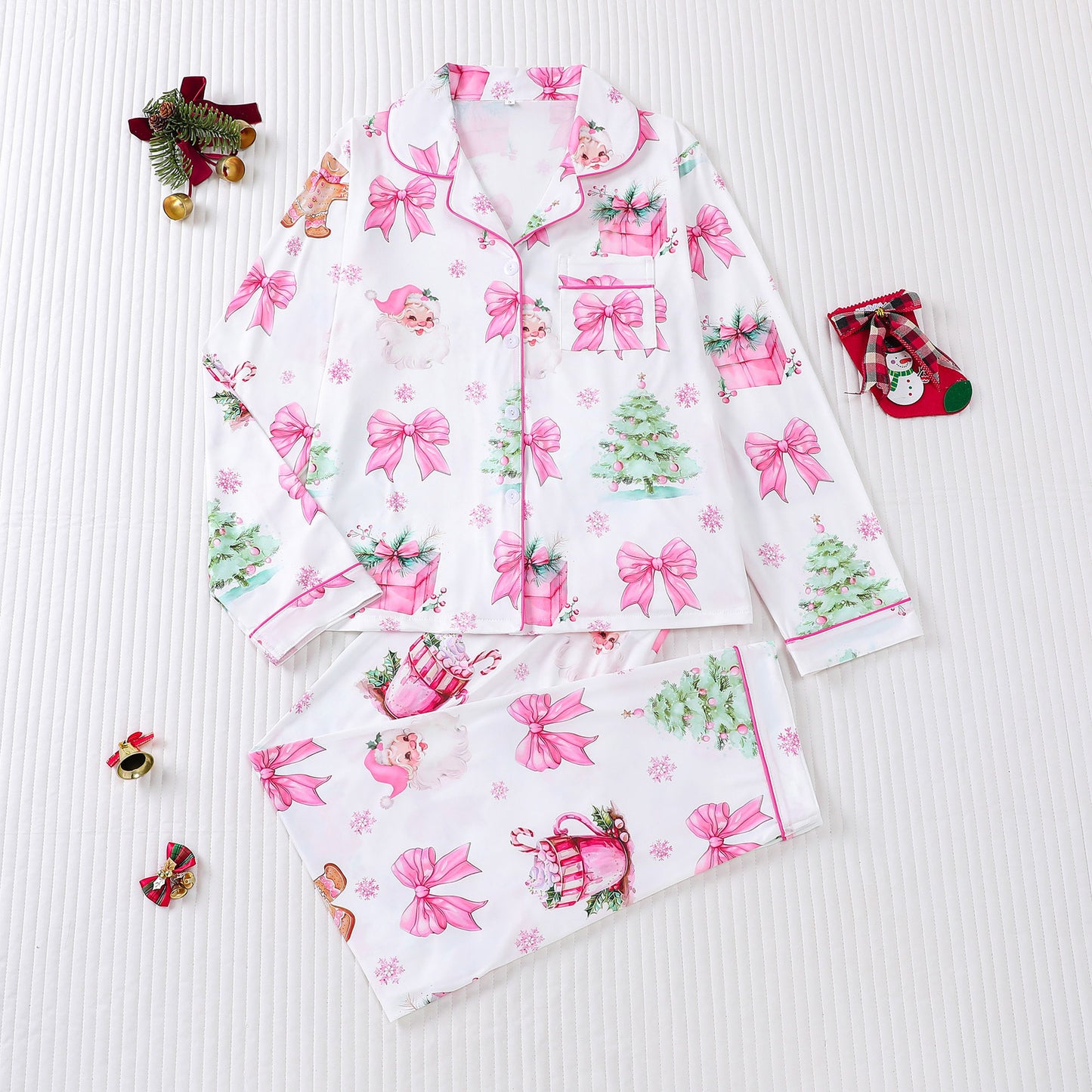 Women's Pajamas Four Seasons Christmas Printing Lapel Long Sleeve