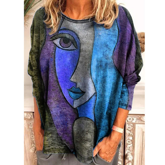 Efterår Og Vinter Trykt Ansigt Kunst Langærmet T-shirt