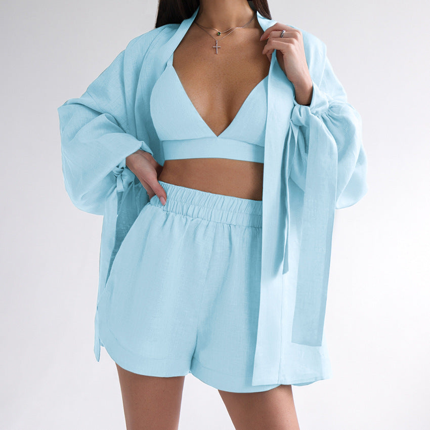 Long-sleeve Robe Underwear And Shorts Three-Piece Set Womens Loungewear