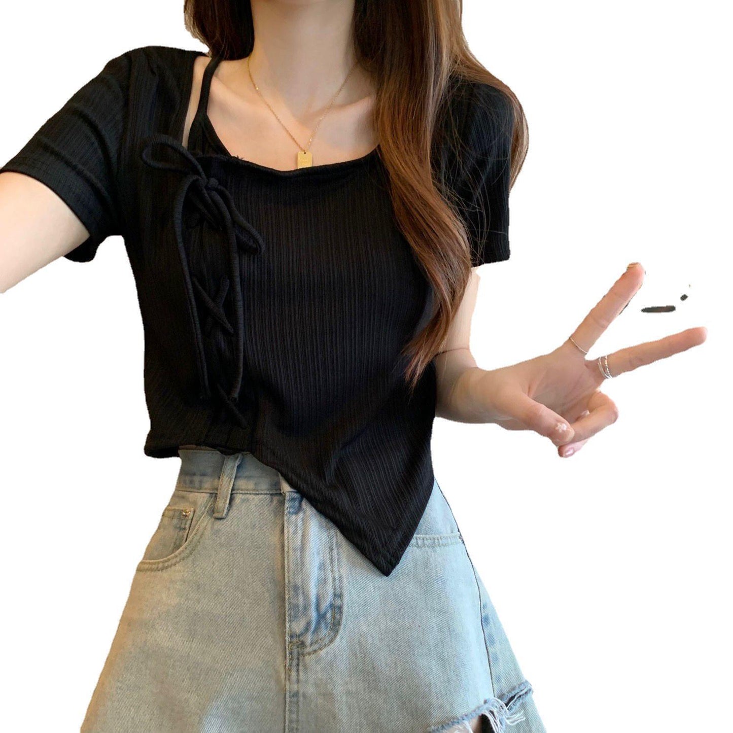 Women's Irregular Drawstring Short Sleeve