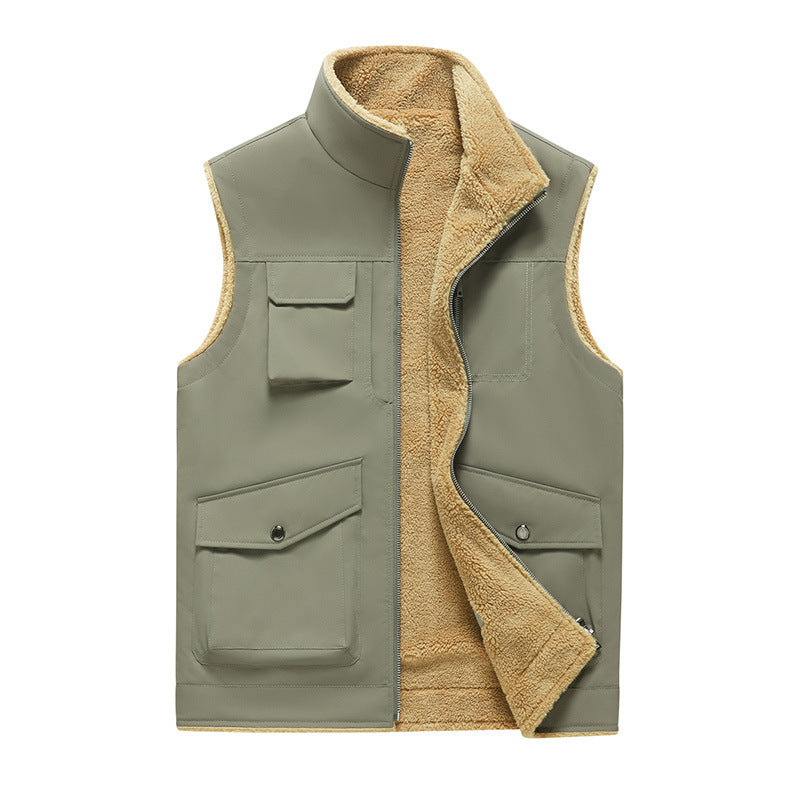 Multi-Pocket Workwear Vest Stand Collar Thin Velvet Vest