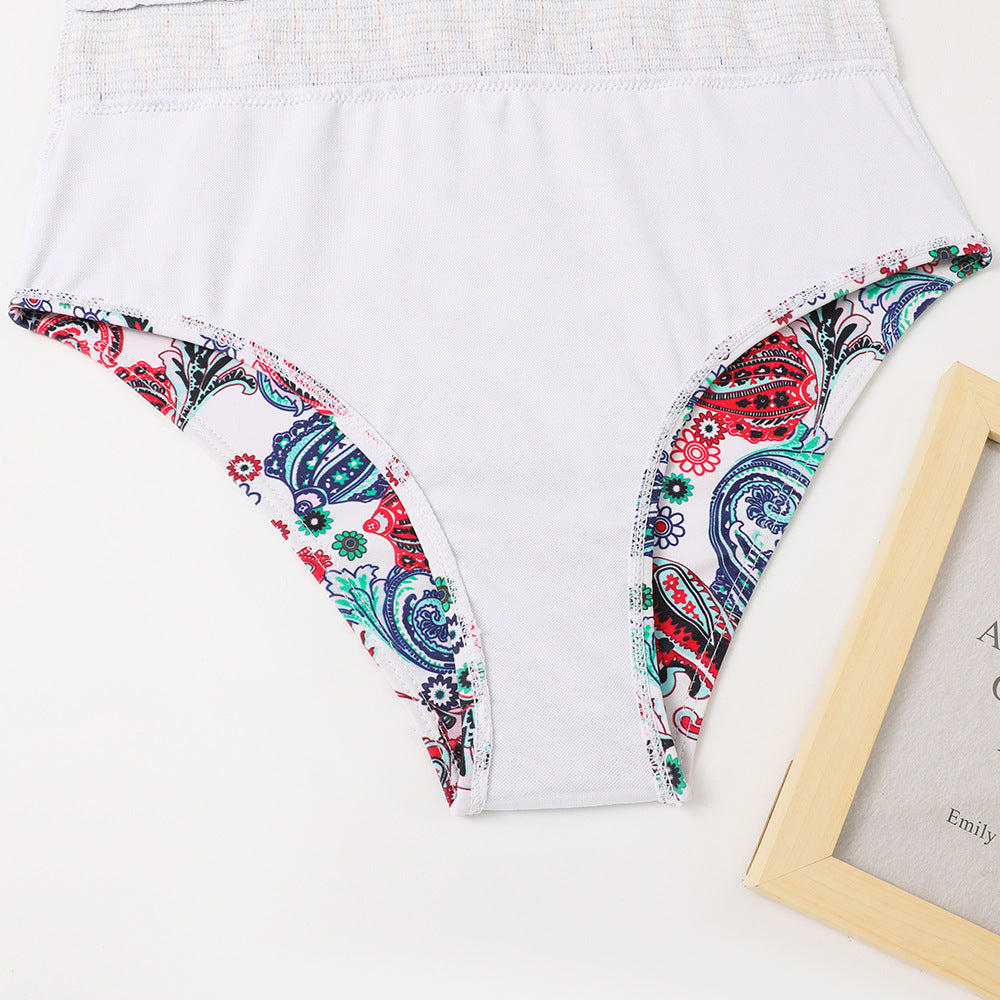 European And American One-piece New Swimsuit Knitted Belt Printed Halter