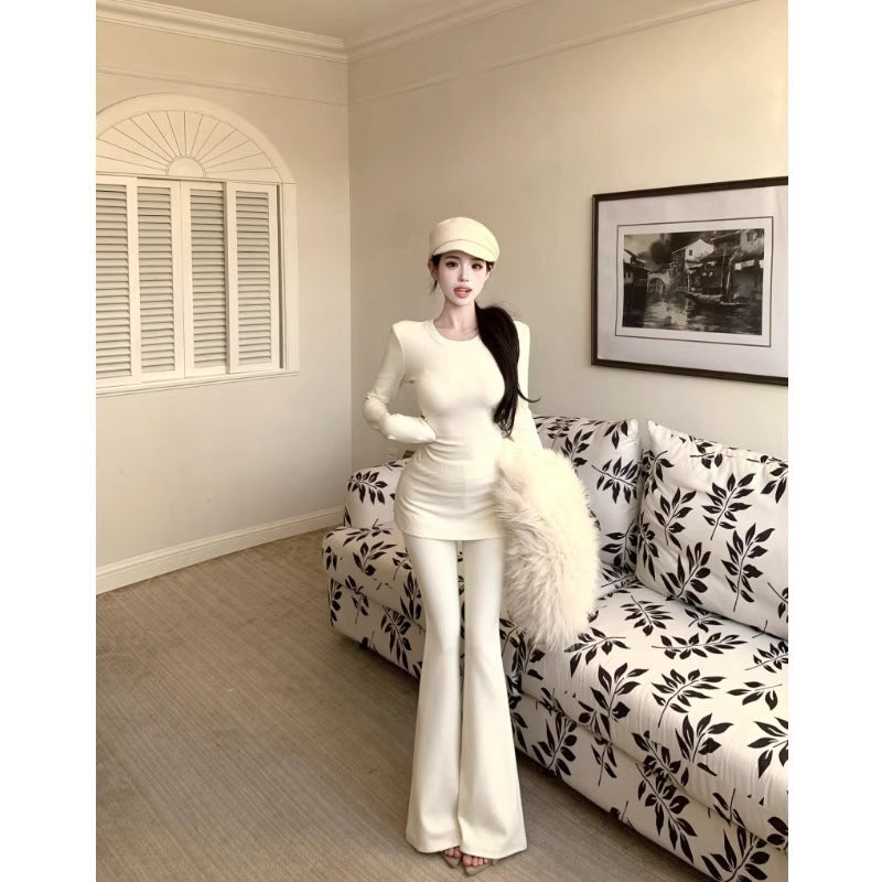 Slimming Round-neck T-shirt And Flared Pants Two-piece Set