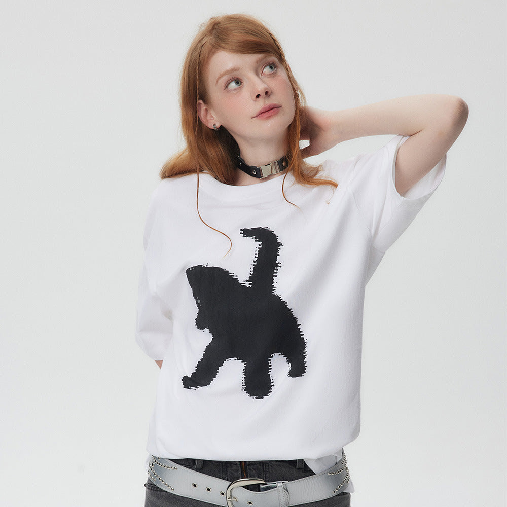 Women's Cartoon Silhouette Cat Printing Short-sleeved T-shirt