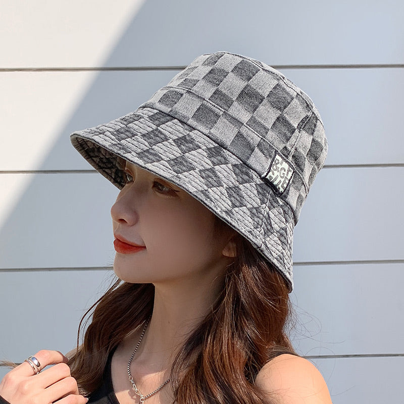 Dame plaid solskærm denim fiskerhat