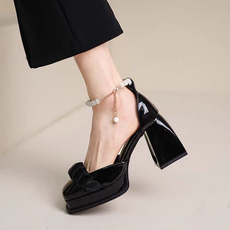 Women's New Fashion Pearl Chunky Heel Square Toe Leather Shoes