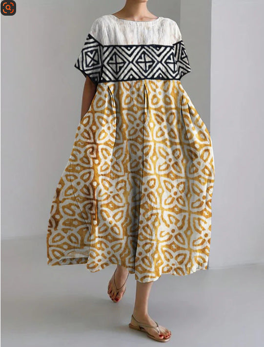 Womens 3D-printed High-end Crew-neck Short-sleeve Plus-size Dress