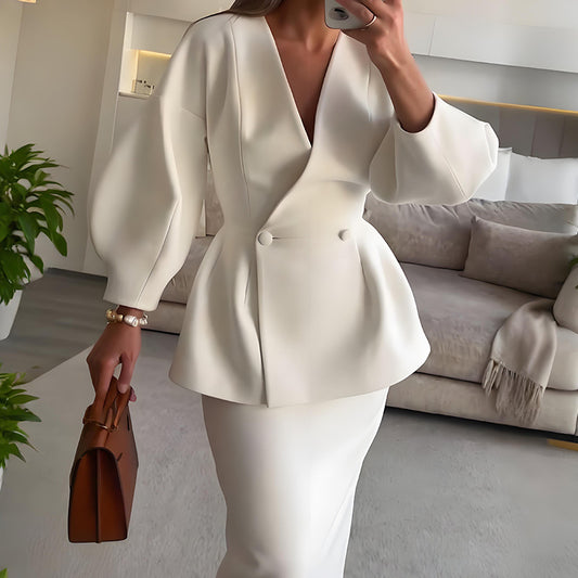 Women's Fashion Solid Color Buttons Puff Sleeve Skirt Dress Suit