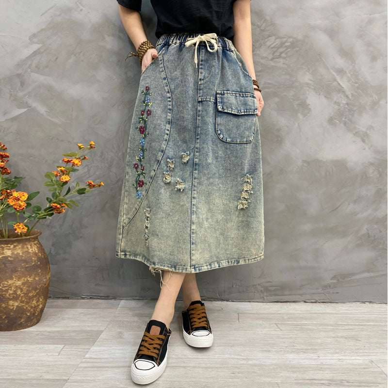 Vintage Embroidered Hole Denim Skirt Spring And Autumn New Style