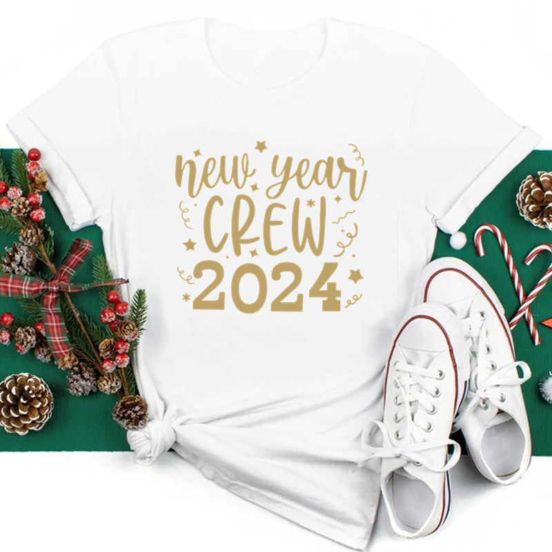 New Year Christmas Plus Size Round Neck Short Sleeve T-shirt