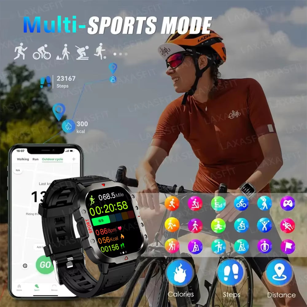LED Flashlight Smart Watch Men Sports Fitness Bluetooth Call Heart Rate Health Monitor Outdoor Smart Watch Holiday Gift