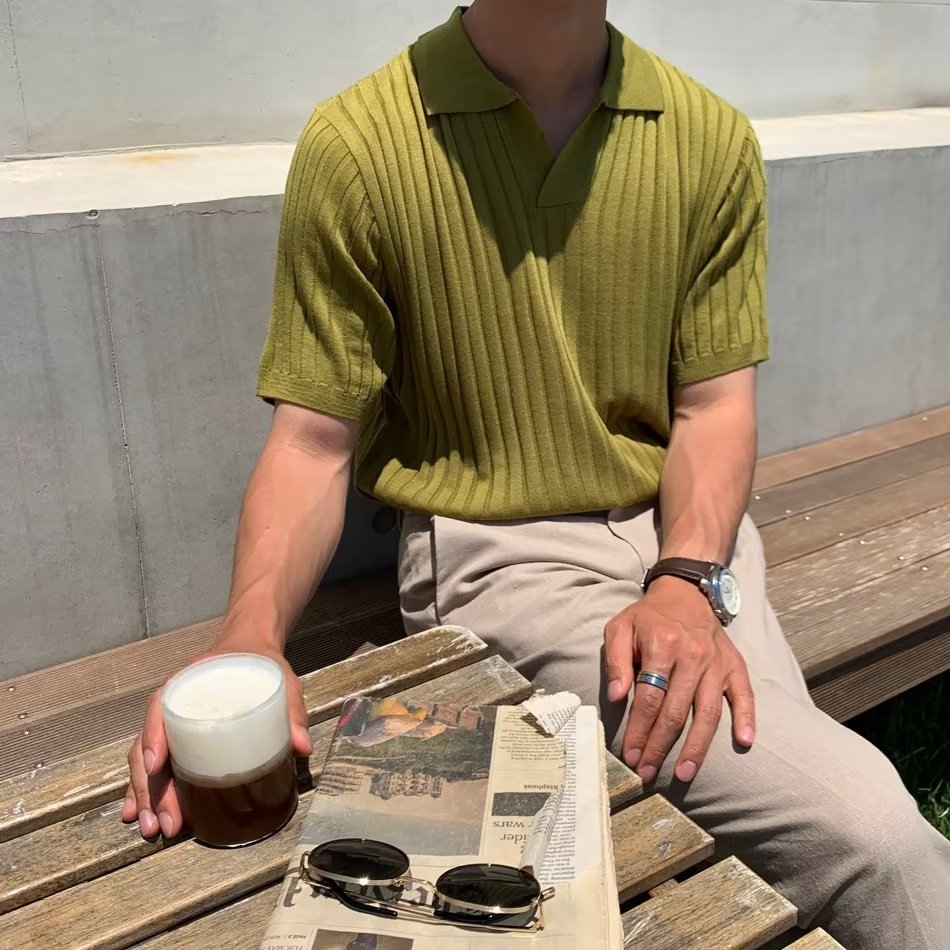 Sommer striber kortærmet POLO Shan herre koreansk slim fit revers ensfarvet afslappet tynd halværmet trend strikket top
