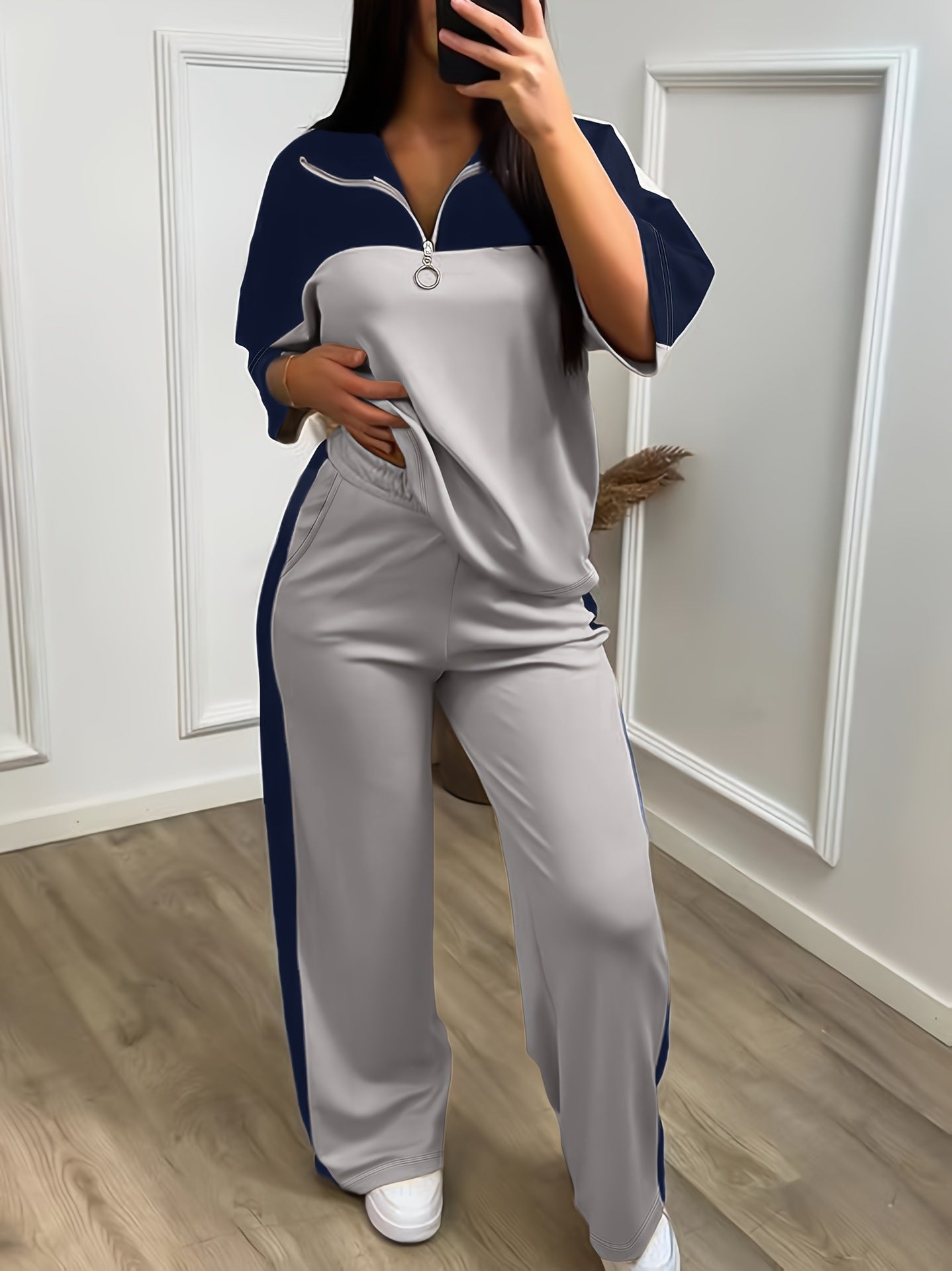 Womens Color-Block Minimalist Casual Chic Sportswear Set