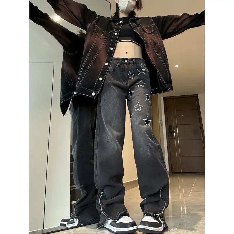 Women's Fashion Star Embroidery Straight Jeans