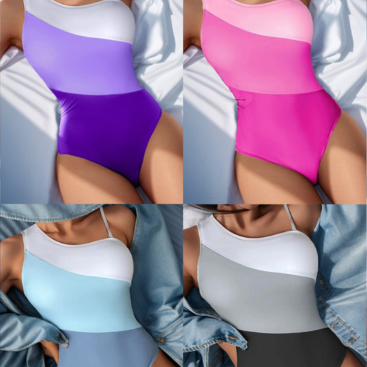 Color Matching High Waist Bikini One-piece Swimsuit