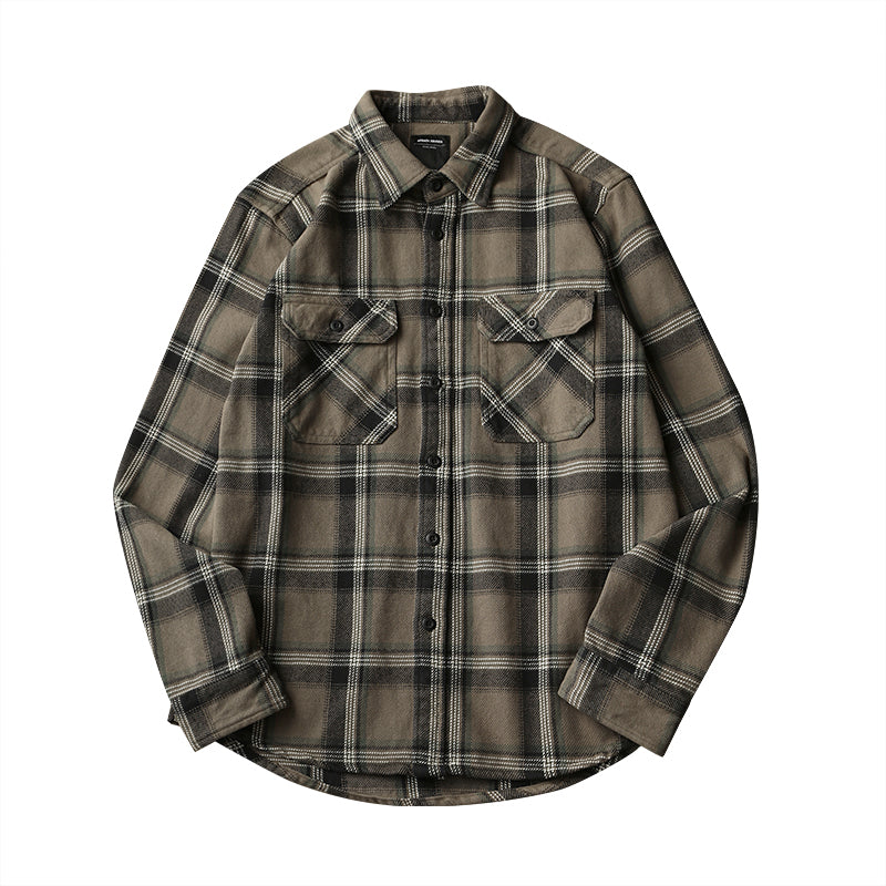 Men's Long Sleeve Retro Thick Brushed Plaid Shirt