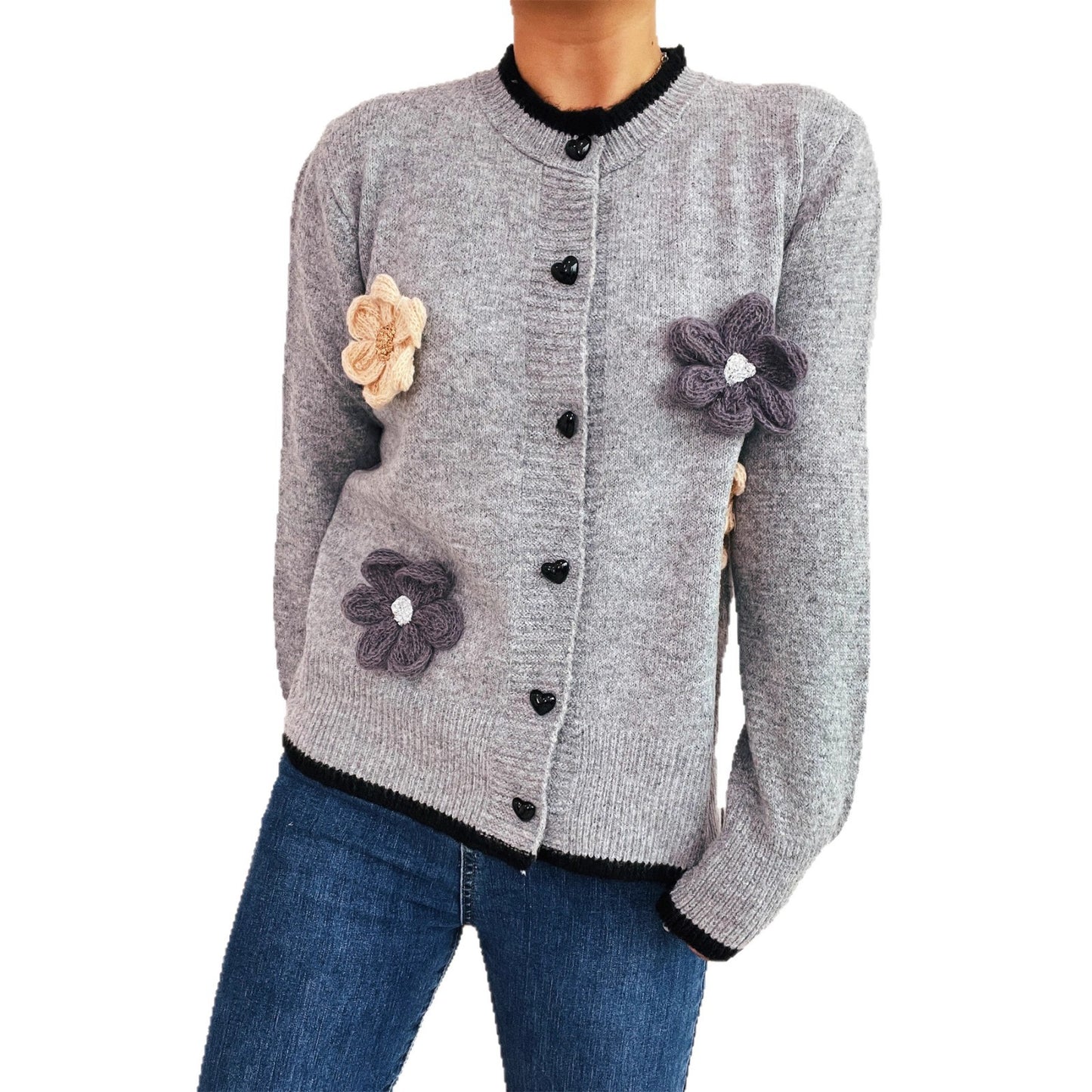 Casual Three-dimensional Flower Decoration Contrast Color Round Neck Knitted Sweater