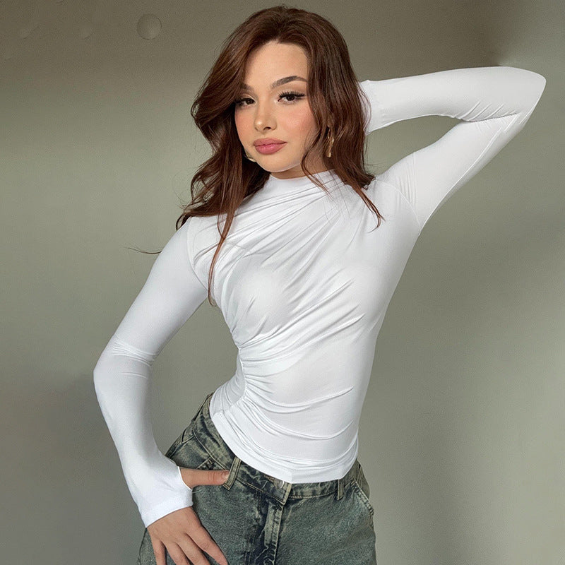 Autumn And Winter Women's Fashion Casual Slim Fit Pleated Turtleneck Long Sleeve Solid Color Top T-shirt