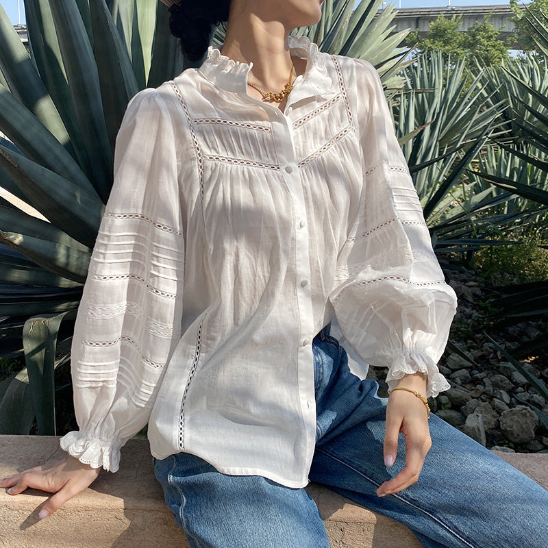 French Style White Shirt Women's Long Sleeve Elegant Cotton Loose