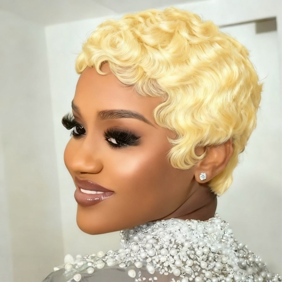 Blonde Curly Pixie Cut With Wave Human Hair