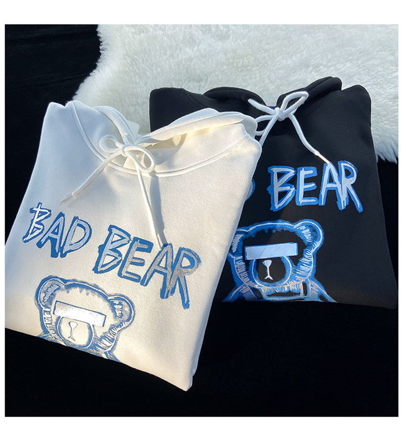 American Hiphop Bear Hoodie Women's Autumn And Winter Korean Style Loose High Street Oversize Retro Bf Preppy Style Top
