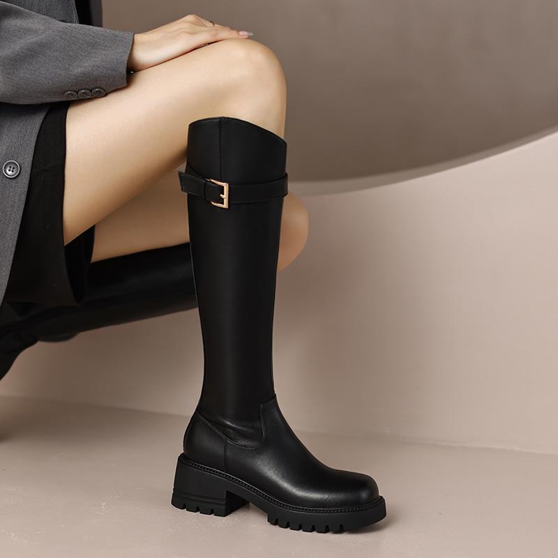Leather High Heel Knee Boots British Style Round Toe Chunky