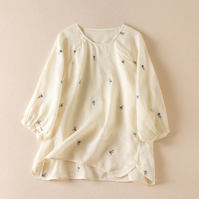 Cotton And Linen Thin Embroidery Loose Shirt