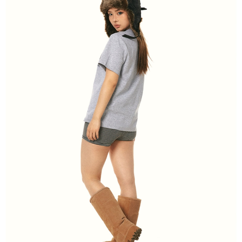 Slim-fit Letter-printing Shoulder Simple Short Sleeve