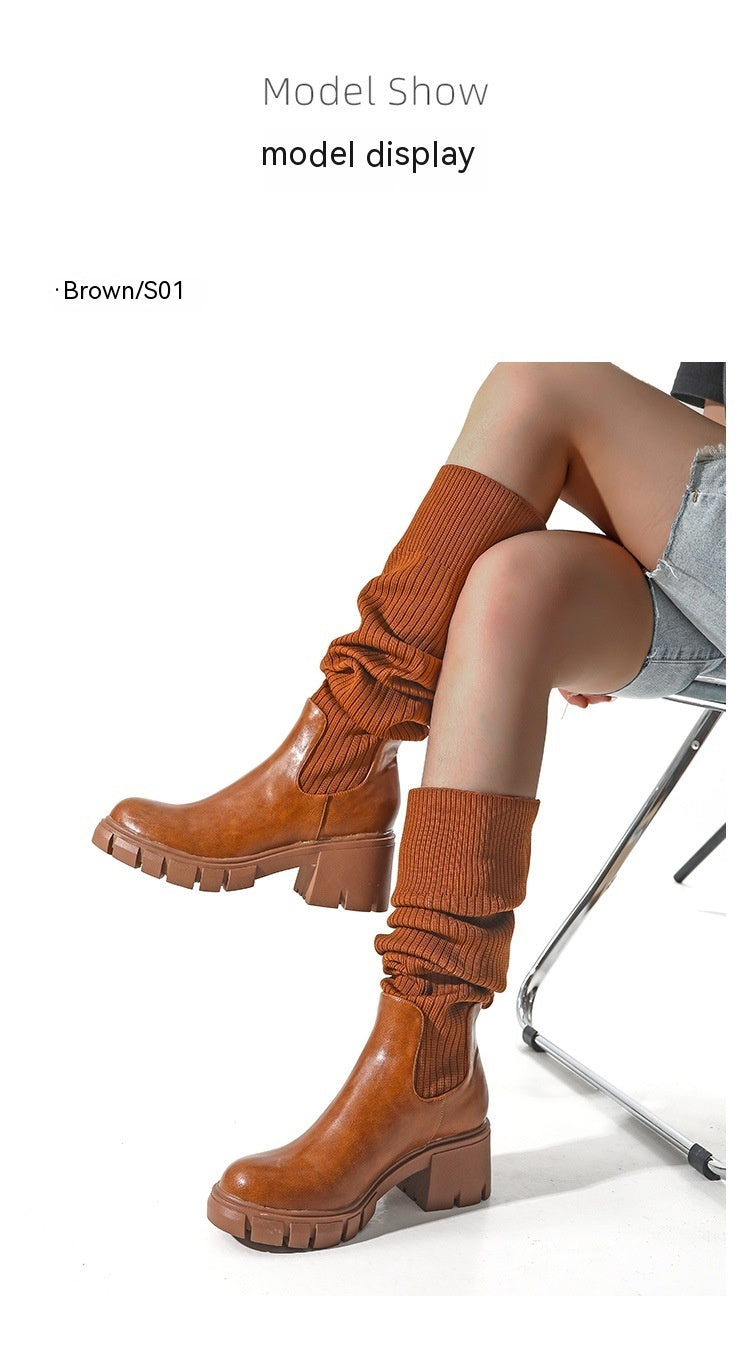 Female British Style Chunky Heel Platform Boots