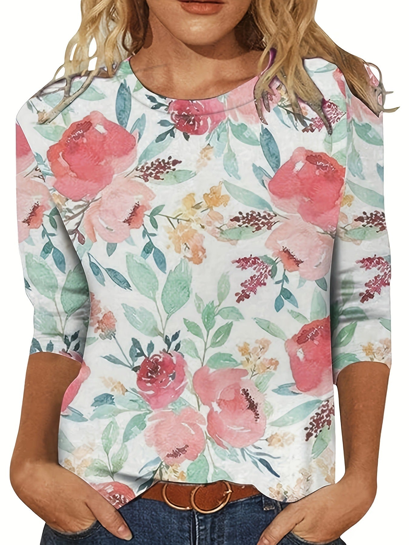 Europæisk og amerikansk blomsterprintet langærmet T-shirt med rund hals