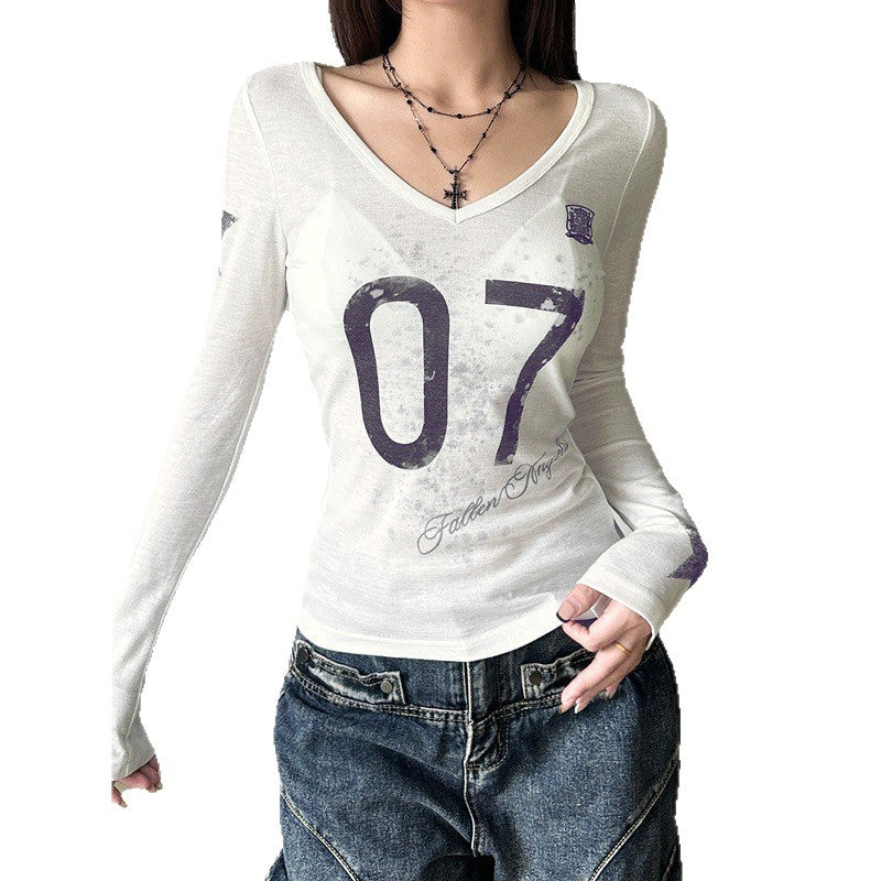 Girl-group-style Color-block Letter-print V-neck Long-sleeve T-shirt