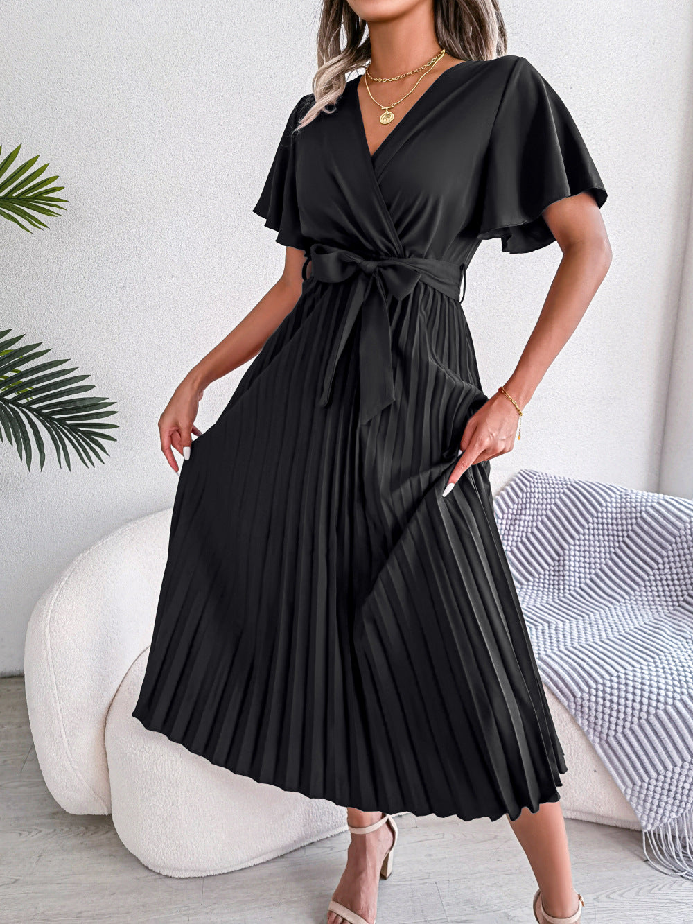 Women   Elegant Cross V Neck Flowy Pleated Maxi Dress