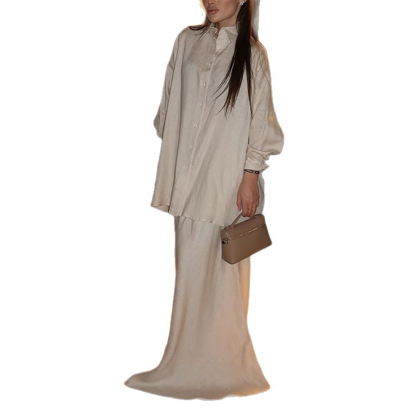 Fashionable Lapel Collar Loose-Fit Long-Sleeve Shirt And High-Waist Skirt Set