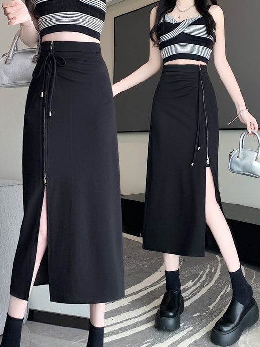 Irregular Slit Pleated Mid-length High Waist Sheath A- Line Skirt
