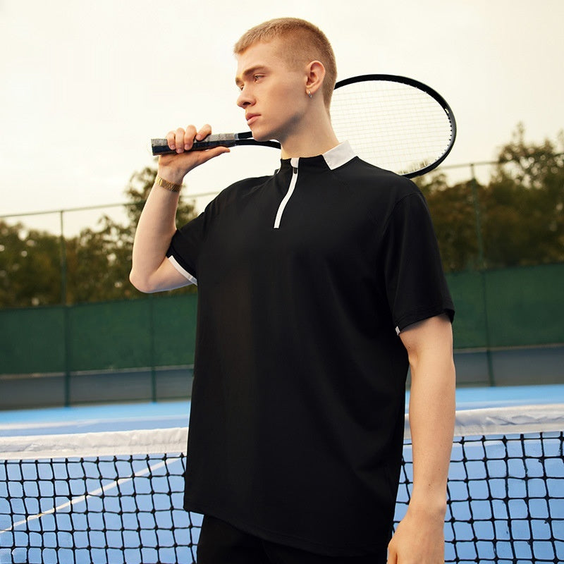 Men's Zipper Lightweight Cool Feeling Golf Tennis Stitching Short Sleeve