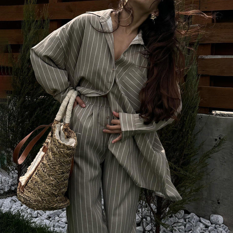 New Stylish Striped Set Loose-fitting Long-sleeve Shirt And Wide-leg Pants