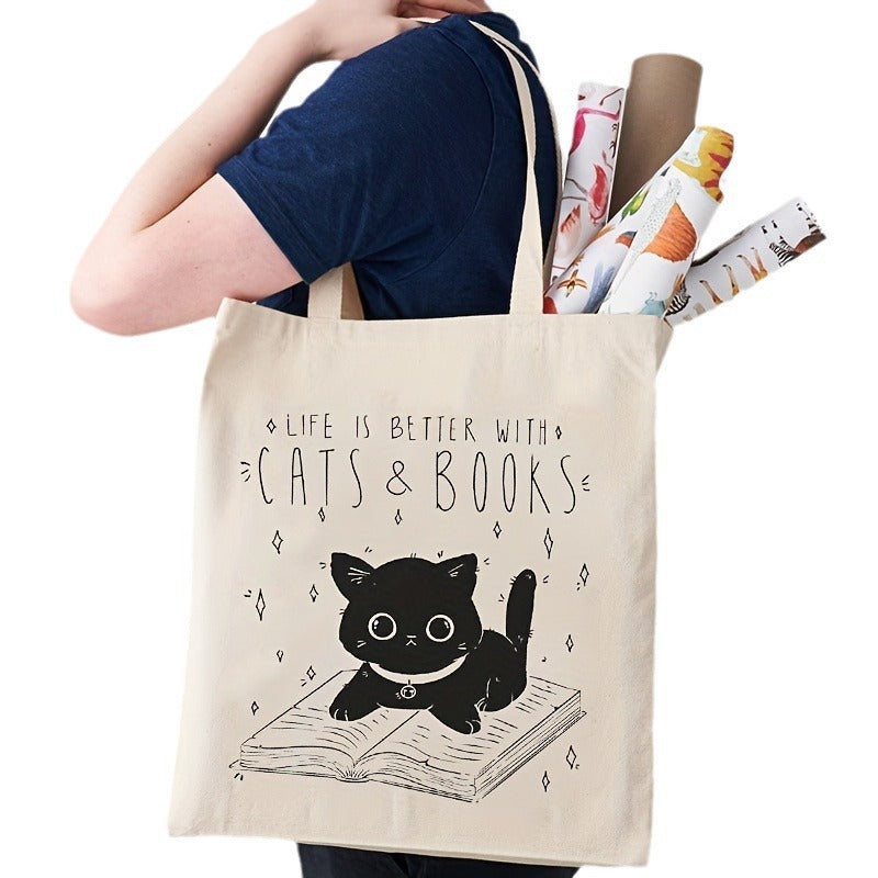Fashion Durable One Shoulder Cat And Book Large Capacity Canvas Bag