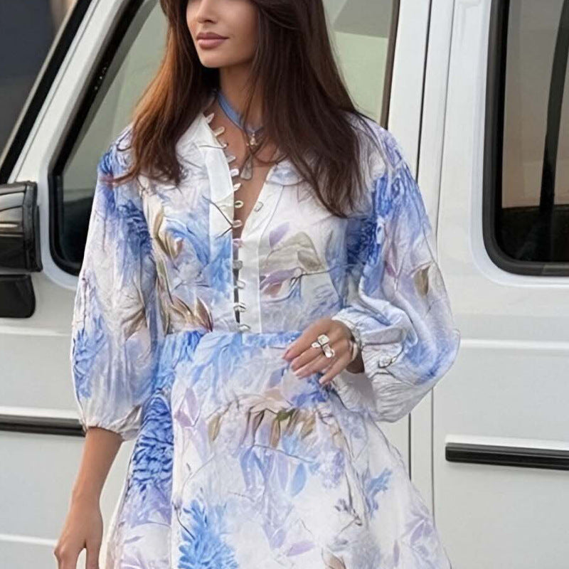 Printed Elegant V-Neck Lantern-Sleeve Waist-Cinched Dress