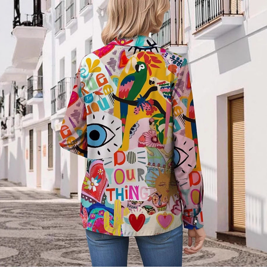 Womens Printed Lapel Long-Sleeve Shirt Top