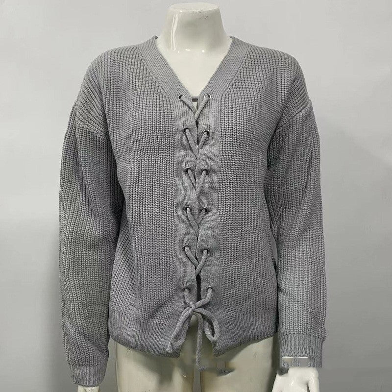 Solid Color And V-neck Hollow Out Tied Knitted Sweater