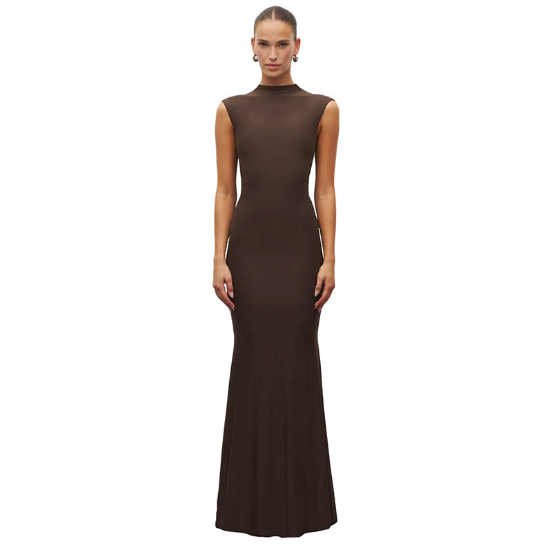 Solid Colored Casual Elegant Stand Neck Sleeveless Bodycon Mermaid Long Dress