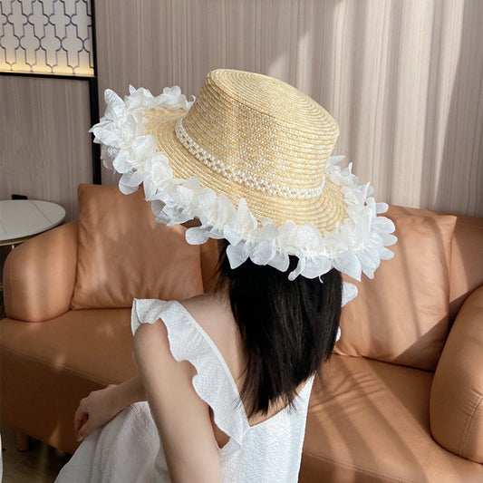 Women's Pearl Lace Flat Top Straw Hat