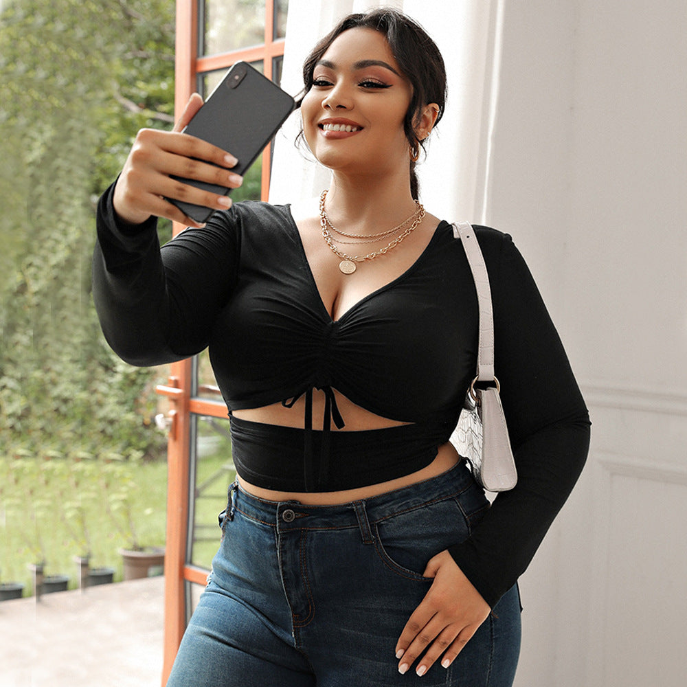 Dame Sexet V-hals High-end Sort Langærmet Slim-fit Kort Top
