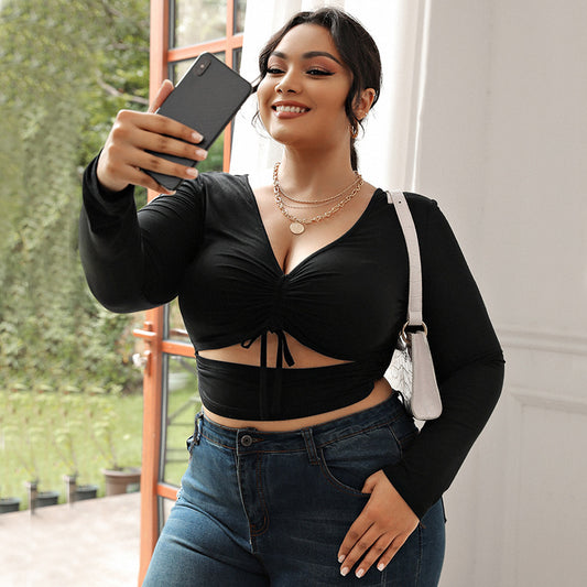 Dame Sexet V-hals High-end Sort Langærmet Slim-fit Kort Top