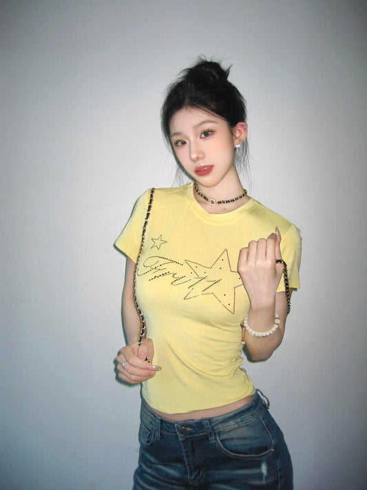 Yellow Shoulder Rhinestone T-shirt Short Sleeve Women's Short Top