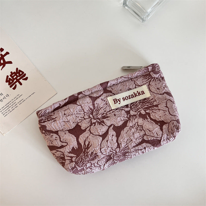 French Relief Flower Makeup Simple Portable Handbag Casual Mobile Phone Handheld Bag