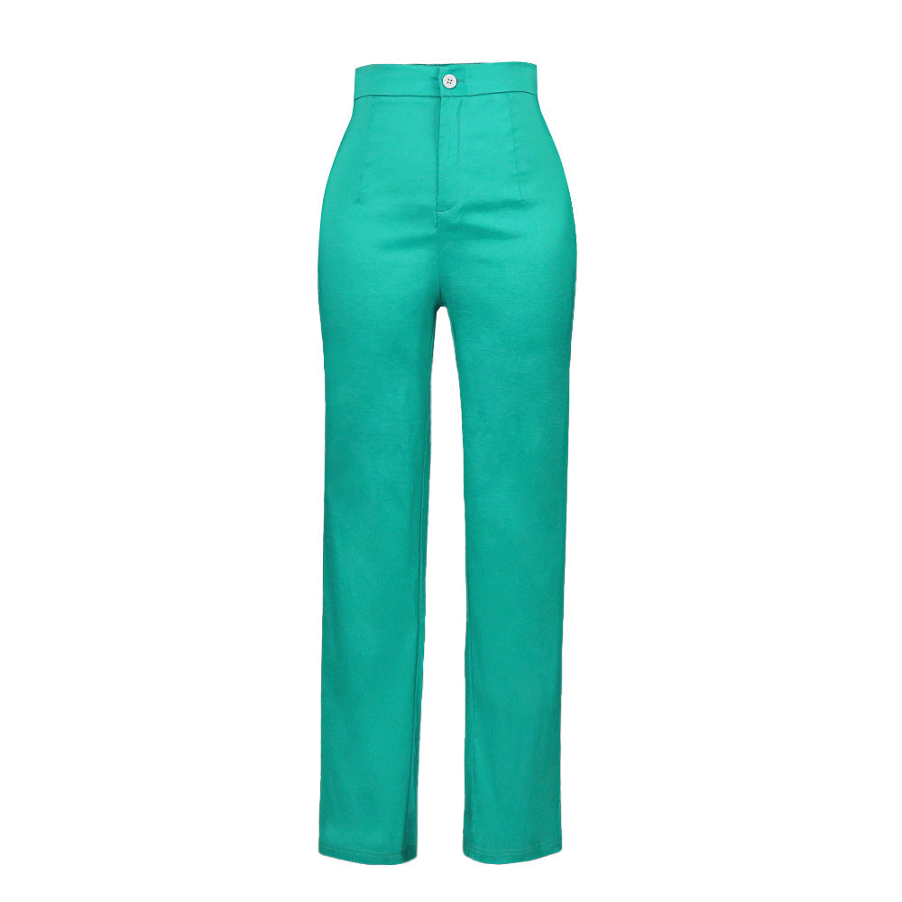 High Waist Slim Fit Solid Straight Leg Pants Green Elastic Lounge Pants