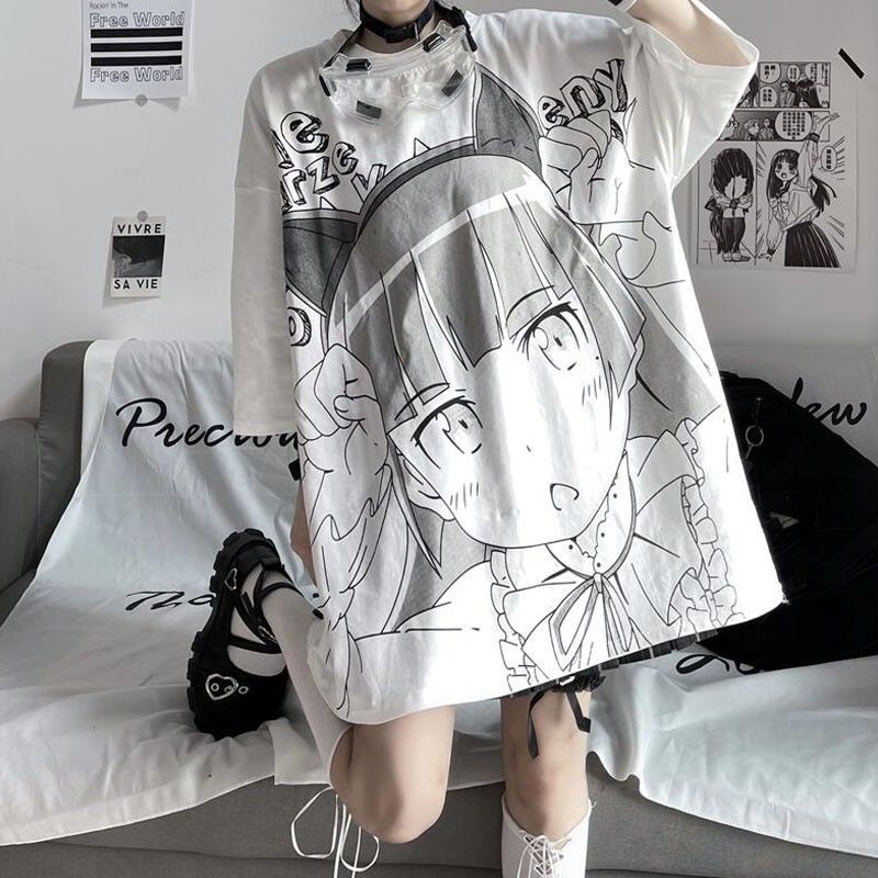 Japanese Anime Print Loose White Short Sleeve Top