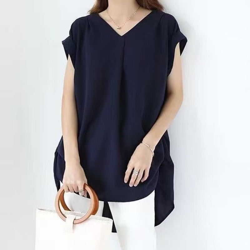Women's Loose V-neck Short Sleeve Pleated Irregular Stitching Shirt